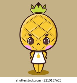 Cute Pineapple Girl Is Feeling Angry. Tropical Fruit Cartoon Vector Illustration. Fit For Mascot, Children's Book, Icon, T-shirt Design, Etc.