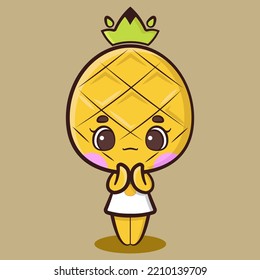 Cute Pineapple Girl Is Feeling Attracted.  Tropical Fruit Cartoon Vector Illustration. Fit For Mascot, Children's Book, Icon, T-shirt Design, Etc.