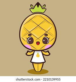 Cute Pineapple Girl Is Feeling Excited. Tropical Fruit Cartoon Vector Illustration. Fit For Mascot, Children's Book, Icon, T-shirt Design, Etc