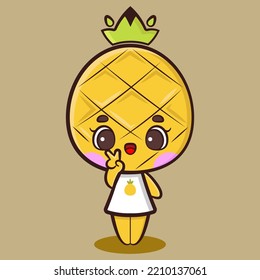 Cute Pineapple Girl Is Feeling Happy. Tropical Fruit Cartoon Vector Illustration. Fit For Mascot, Children's Book, Icon, T-shirt Design, Etc