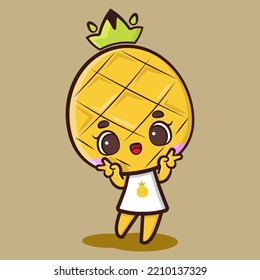 Cute Pineapple Girl Is Feeling Happy. Tropical Fruit Cartoon Vector Illustration. Fit For Mascot, Children's Book, Icon, T-shirt Design Etc