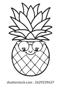 Cute Pineapple with Glasses - Kawaii Tropical Fruit Coloring Page