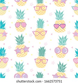 Cute Pineapple Glasses Pattern, Fruit Pattern, Seamless Pattern, Background. Vector, Illustration.