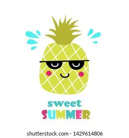 Cute pineapple with glasses. vector. Cartoon