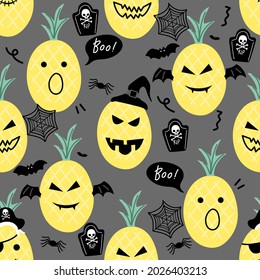 Cute pineapple with Halloween elements seamless pattern in doodle style on dark grey background for fashion print, wallpaper, gift wrapping paper etc.