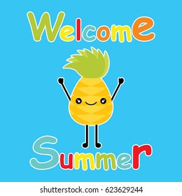 Cute pineapple is happy on blue background vector cartoon, summer postcard, wallpaper, and greeting card, T-shirt design for kids vector illustration