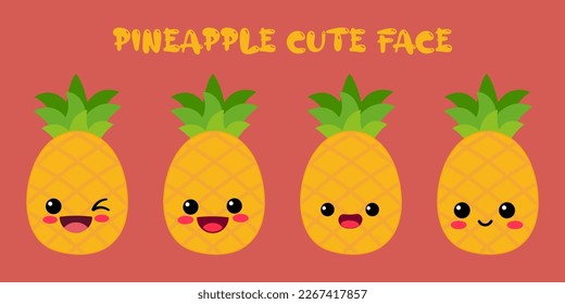 CUTE PINEAPPLE ,HAPPY CUTE SET OF SMILING PINEAPPLE FACE . VECTOR ILLUSTRATION