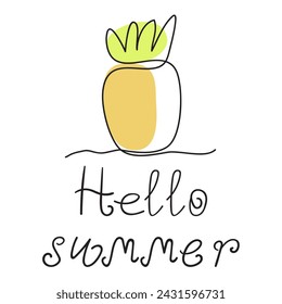 Piña linda. Hola verano. Ilustración. Una línea de diseño de arte. Diseño gráfico vectorial sobre fondo blanco.
