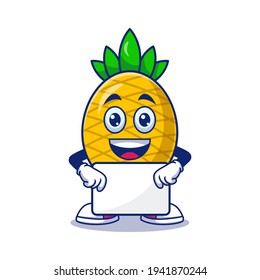 Cute Pineapple Holding White Board Cartoon Vector Illustration. Fruit Mascot Character Concept Isolated Premium Vector