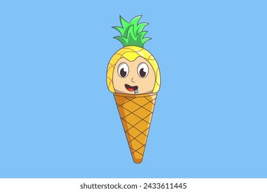 Cute Pineapple Ice Cream Cartoon Illustration