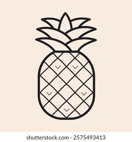 Cute Pineapple icon with large crown, peel and full details, vitamins and proteins, outline iconic vector line art