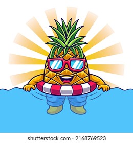 Cute Pineapple Illustration Chill On Swimming Pool with Glasses