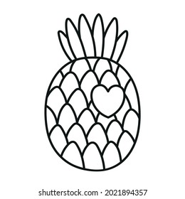 Cute pineapple illustration. Simple coloring page. Exotic summer fruit. Outline vector art