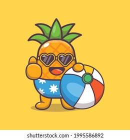 Cute pineapple illustration. Summer time. Cute vector design character. Vector isolated flat illustration for poster, brochure, web, mascot, sticker, logo and icon.