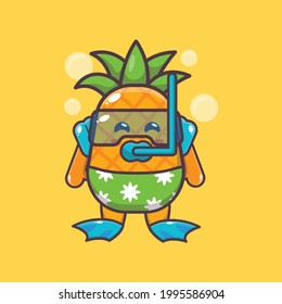 Cute pineapple illustration. Summer time. Cute vector design character. Vector isolated flat illustration for poster, brochure, web, mascot, sticker, logo and icon.