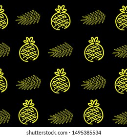 Cute Pineapple and leaves seamless pattern on black background