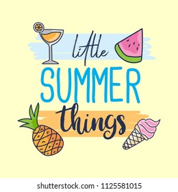 Cute pineapple, lemon lime drink, water melon and strawberry ice cream cone. Fun summer holidays cards. Hello summer hand drawn style vector illustration