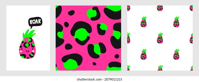 Cute pineapple with leopard print. Simple seamless prints and a postcard with the inscription ROAR! For designing clothes, interior decoration, application on paper, fabric, for postcards and posters