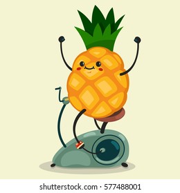 Cute Pineapple makes exercise on a stationary bike. Eating healthy and fitness. Retro flat concept illustration.