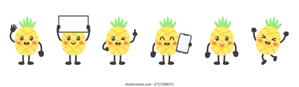 Conjunto de personajes de mascota de piña linda. Pegatinas de frutas tropicales ondeando, sosteniendo un letrero en blanco, usando un teléfono inteligente y celebrando. Colección de mascotas de frutas de verano de Kawaii para marketing y comunicación. Ilustración vectorial.