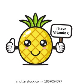 cute pineapple mascot holding a sign saying I have vitamin C