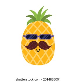 Cute pineapple with mustache and sunglasses. Summer print for kids. Cartoon fruit character. Vector illustration