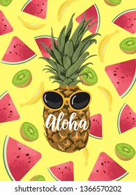 Cute pineapple on textured background with tropical fruits (watermelon, banana, kiwi) and lettering Aloha.  Vector illustration. Good for cards, banners, greetings template.