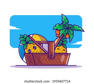 Cute Pineapple in Picnic Basket and Beach Ball Vector Cartoon Illustration. Summer Icon Concept White Isolated. Flat Cartoon Style Suitable for Web Landing Page, Banner, Sticker, and Background