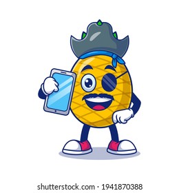 Cute Pineapple Pirate Holding Phone Cartoon Vector Illustration. Fruit Mascot Character Concept Isolated Premium Vector