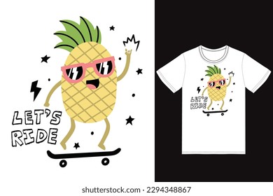 Cute pineapple playing skateboard illustration with tshirt design premium vector the Concept of Isolated Technology. Flat Cartoon Style Suitable for Landing Web Pages,T shirt, Flyers, Stickers