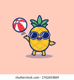 Ilustración de Icono de vectores de caricatura de verano con piña Cute Pineapple Jugando. Vector Premium Aislado De Icono De Fruta De Verano. Estilo de dibujo plano 