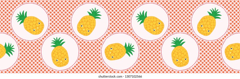 Cute pineapple polka dot vector illustration. Seamless repeating pattern. Hand drawn kawaii dotty ananas tropical background. 1950's style retro kitchen banner ribbon decor, kid textile, 5aday fruit .