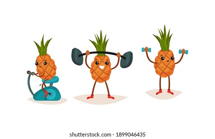 Cute Pineapple Riding Bicycle in Gym and Lifting Dumbbell Vector Set