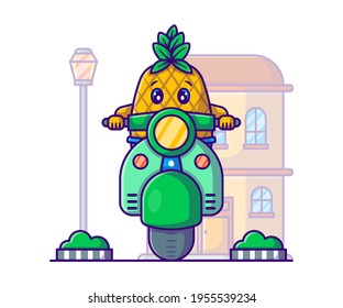 Cute Pineapple riding Scooter Vector Cartoon Illustration. Summer Icon Concept White Isolated. Flat Cartoon Style Suitable for Web Landing Page, Banner, Sticker, and Background