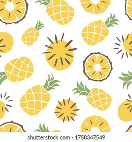 Cute pineapple seamless pattern. Ripe pineapple and slice on white background. Can be used for wallpaper, fabric, wrapping paper or decoration. Vector shabby hand drawn illustration