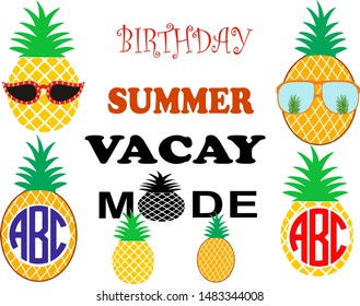 Cute pineapple set on white background. Summer time. Vector illustration