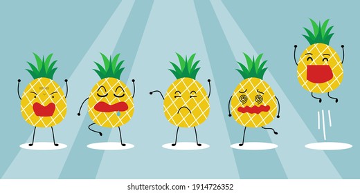 Cute pineapple set they are showing a different feeling posture, sad, be sleep, bored, angry, happy and giddy. Dance team vector.