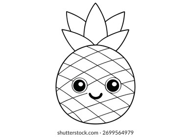 Um abacaxi bonito com um sorriso isolado no fundo branco para livro de coloração. Ilustração vetorial de uma fruta de desenho animado. Desenho de contorno preto para crianças.
