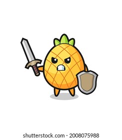 cute pineapple soldier fighting with sword and shield , cute style design for t shirt, sticker, logo element