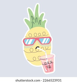 cute pineapple sucking juice in summer. stylish fruit sunglasses minimal concept, summer tropical pineapple doodle style. vector and illustration. 