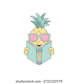 Cute Pineapple in Sunglasses Character Reading Book Summer Illustration