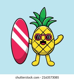 Cute Pineapple With Surfboard Cartoon Vector Icon Illustration. Summer Fruit Icon Concept Isolated Premium Vector.