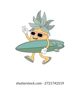 Cute Pineapple Surfer Character Illustration with Surfboard, Sunglasses and Tropical Summer Beach Vibes