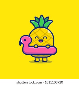 Cute Pineapple With Swimming Flamingo Cartoon Vector Icon Illustration. Summer Fruits Icon Concept Isolated Premium Vector. Flat Cartoon Style