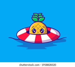 Cute Pineapple Swimming with Ring Buoy Vector Cartoon Illustration. Summer Icon Concept White Isolated. Flat Cartoon Style Suitable for Web Landing Page, Banner, Sticker, and Background
