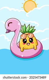 Cute pineapple swimming in the summer cartoon illustration