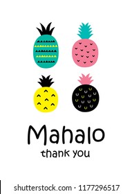 cute pineapple thank you card vector with hawaii word of thank you. cute pineapple appreciation card illustration.