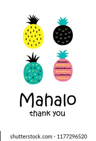 cute pineapple thank you card vector with hawaii word of thank you. cute pineapple appreciation card illustration.