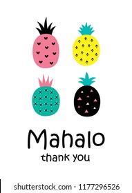 cute pineapple thank you card vector with hawaii word of thank you. cute pineapple appreciation card illustration.