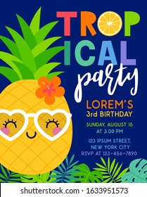 Cute pineapple and tropical leaf illustration for party invitation card template.